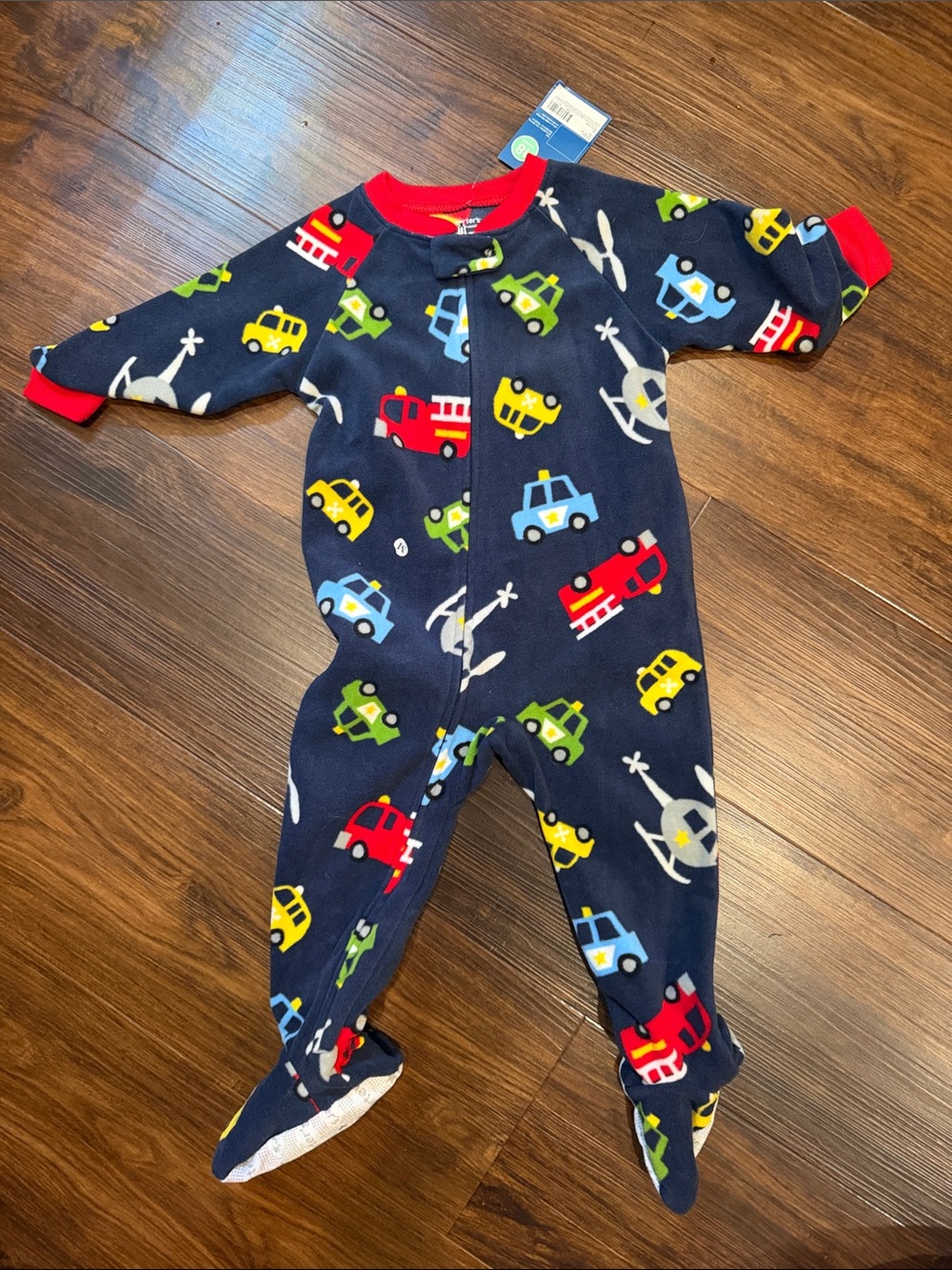 Carter's Navy Fleece Sleep Sack with Red Trim and Colorful Vehicle Print